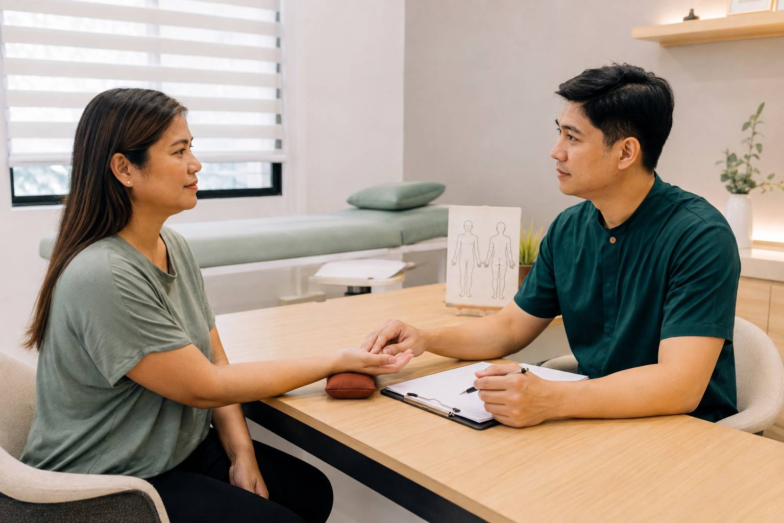 Patient and clinician discussing an individualized acupuncture assessment while the clinician checks the patient’s wrist pulse.