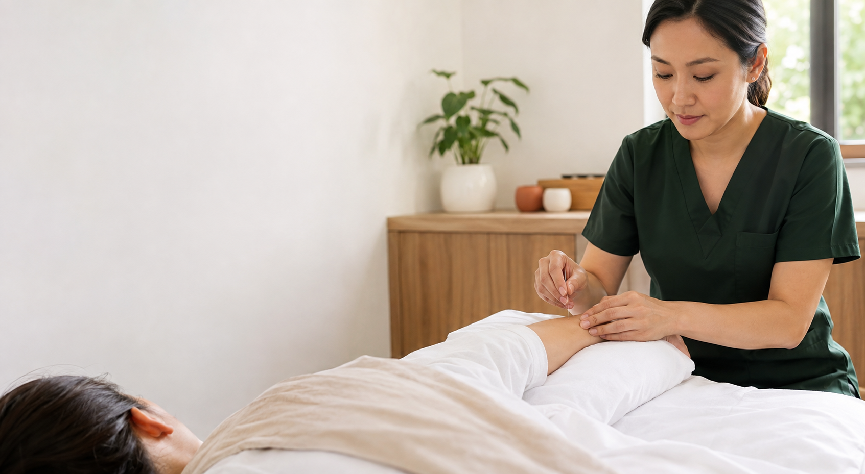 Clinician carefully placing an acupuncture needle on a patient’s forearm in a calm clinic treatment room.