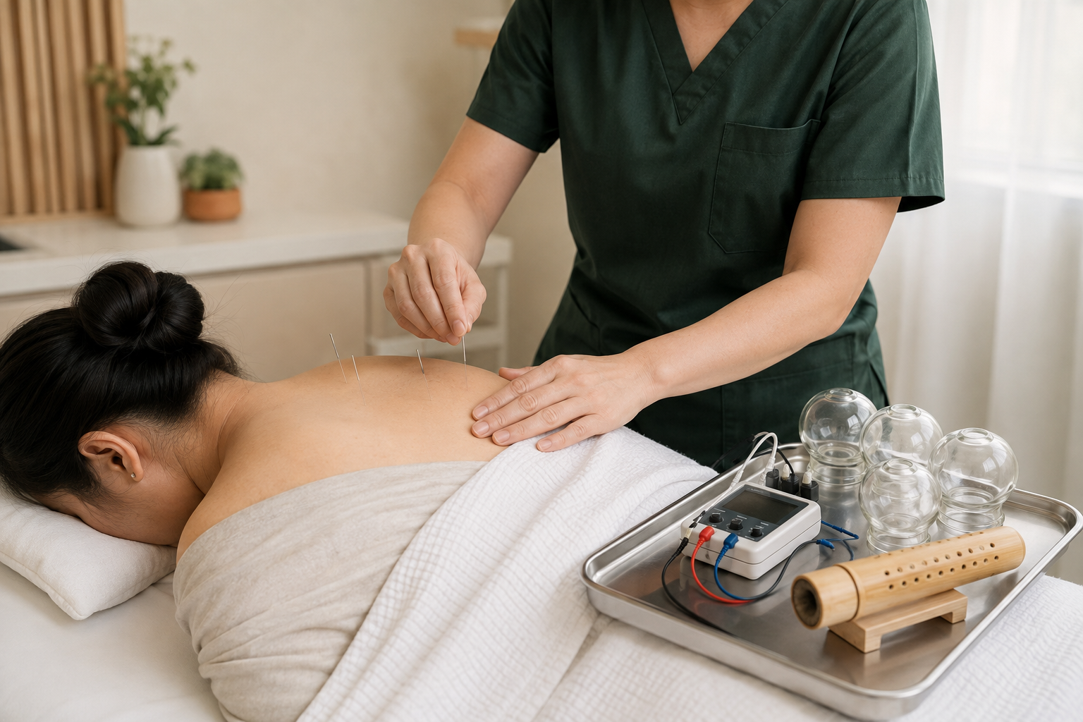 Safely draped patient receiving upper-back acupuncture while clean cupping cups, an electroacupuncture device, and an unlit moxibustion tool sit on a nearby tray.